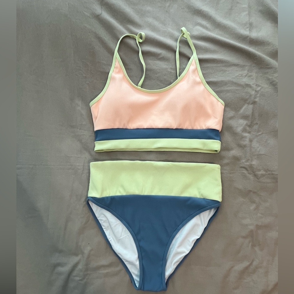 Colorblock High-Waist Bikini Set in Peach, Lime & Navy